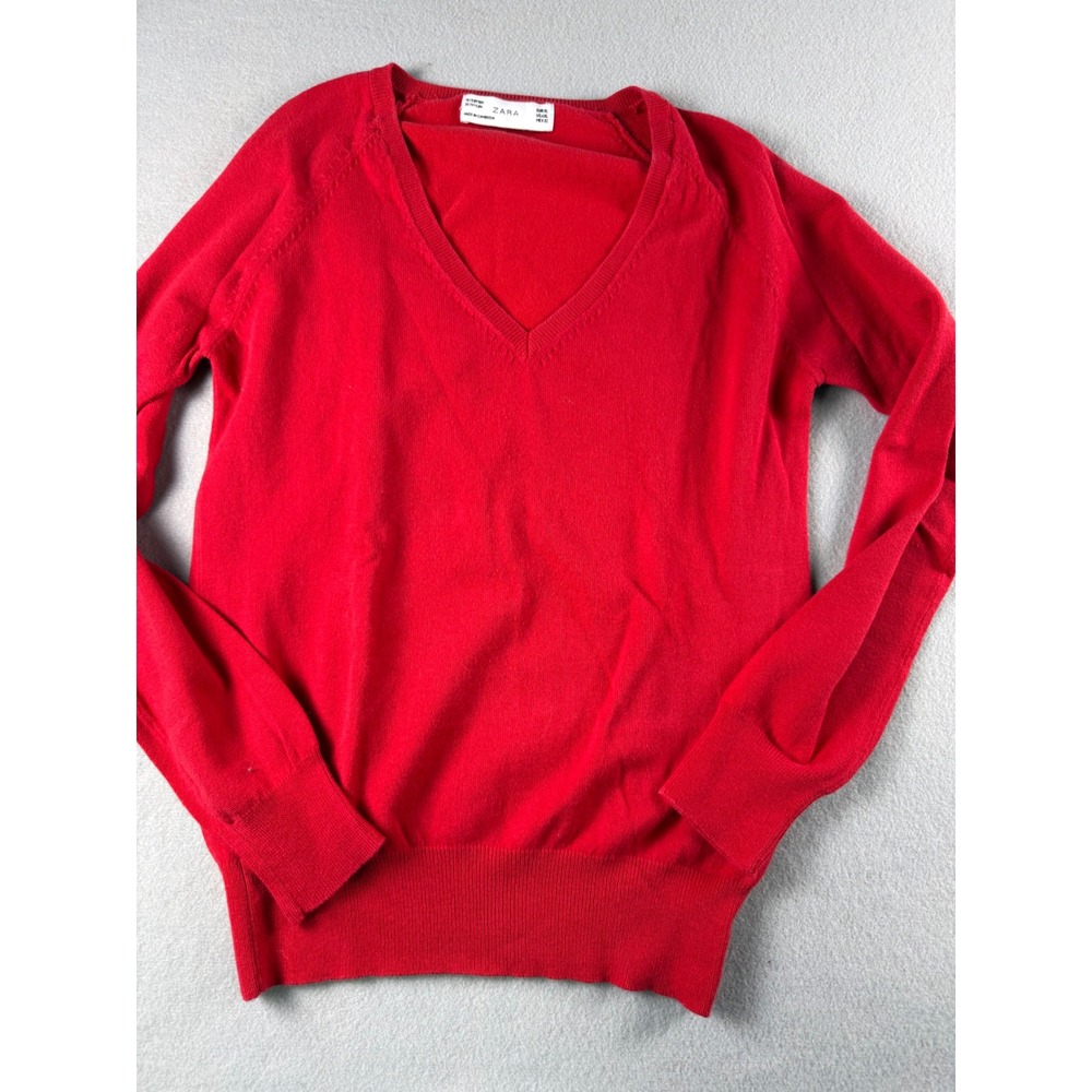 Zara Red V-Neck Knit Sweater Womens XL Cotton Blend Long Sleeve Raglan Pullover